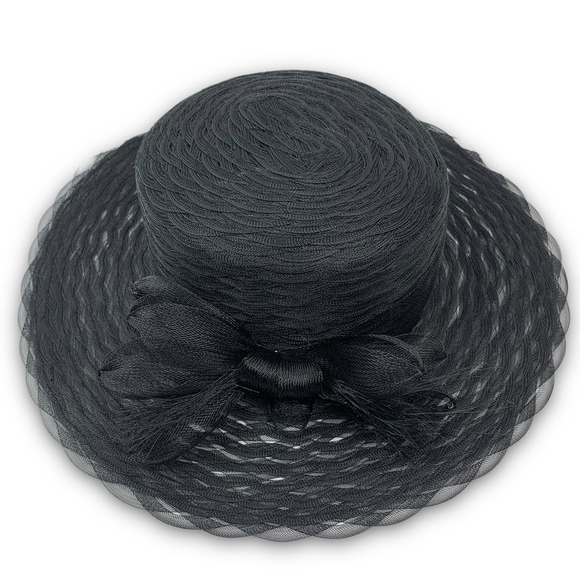 Vintage PLAZE SUITE NEW YORK glam black mesh hat with large bow - Picture 6 of 12